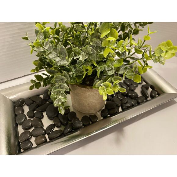 Artificial Plant with Stone Style Planter on Silver Tray with Black River Rocks - Picture 2 of 10